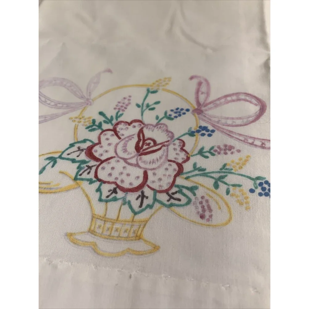 Vintage Pair (2) White Pillowcases Handpainted Flower Basket Ribbons 29”x21”